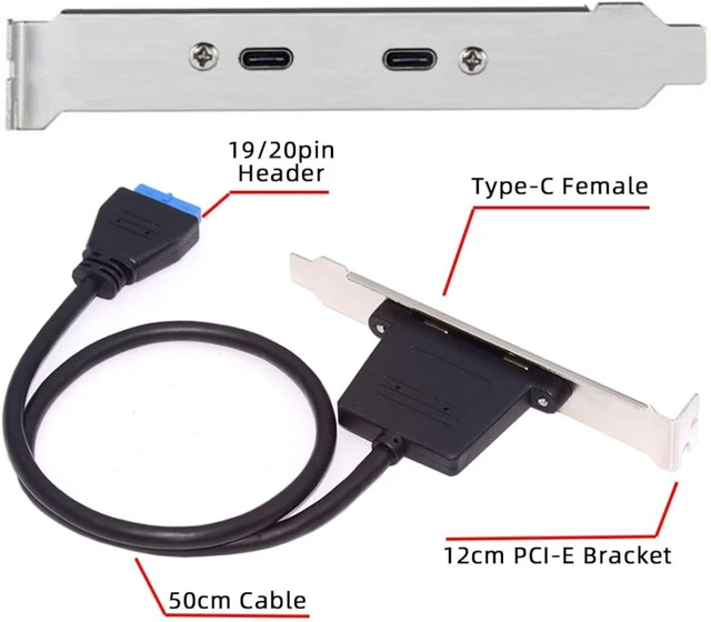 Alt view image 4 of 7 - chenyang USB 3.0 Front Panel Header 19/20Pin 1 Male to 2 USB C Female Chassis Back Panel Port Extension Cable with 12cm PCI-E Slot Bracket