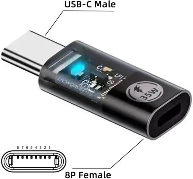 Alt view image 3 of 7 - cablecc 480Mbps Type C USB-C Male Transparent LED to 8P Female 35W Power Data Adapter Compatible with iPhone15 & Android & Tablet