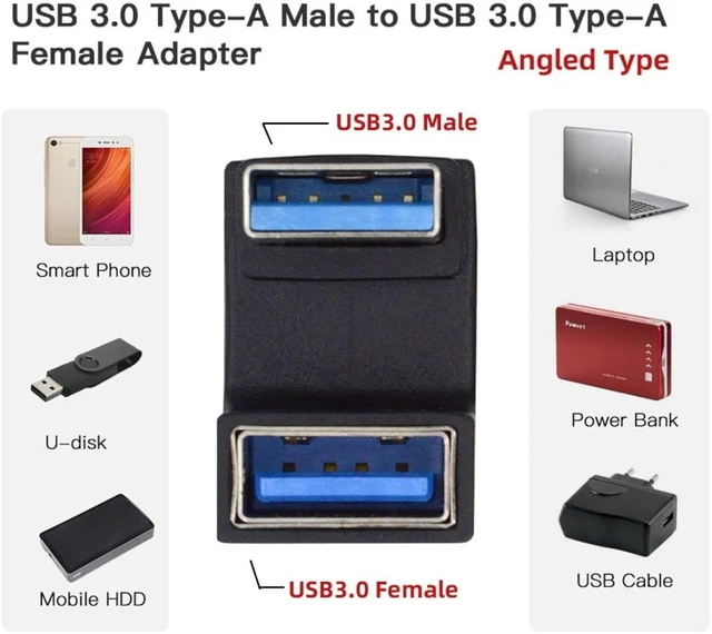 Alt view image 2 of 7 - chenyang CY USB 3.0 Type A Male to Female Extension Power Data Video Adapter U Shape Angled 10Gbps Data 5V Power