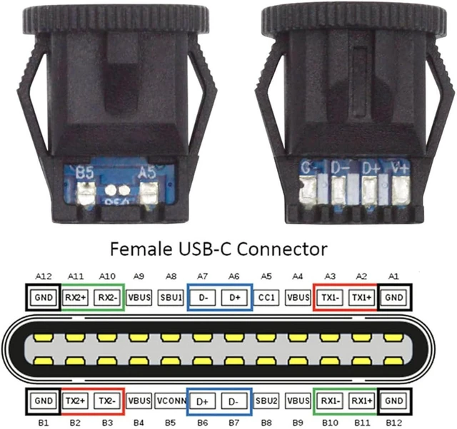 Alt view image 3 of 7 - cablecc 5pcs/Set DC Power 5V/20V DIY OEM Type C Female Socket Connector to 6Pin PCBA Pinout PD IP67Round Latch Mount Type