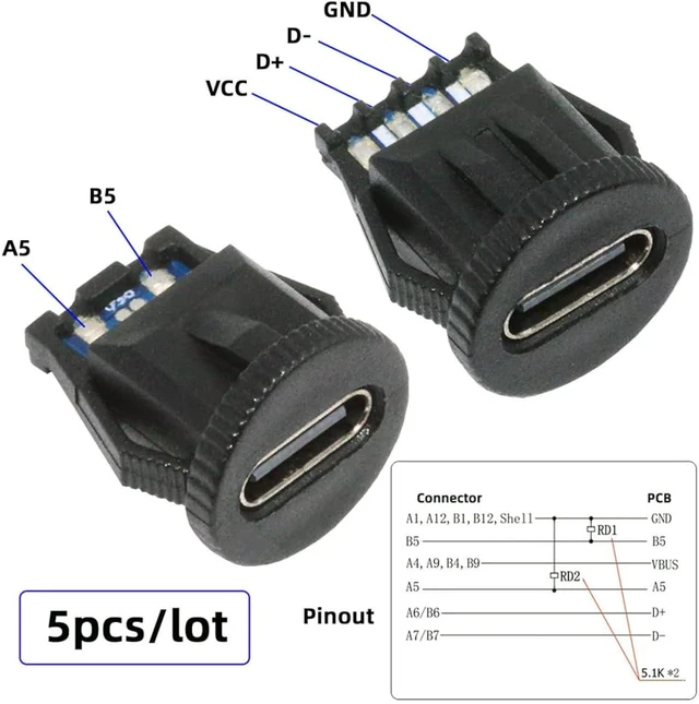 Alt view image 4 of 7 - cablecc 5pcs/Set DC Power 5V/20V DIY OEM Type C Female Socket Connector to 6Pin PCBA Pinout PD IP67Round Latch Mount Type