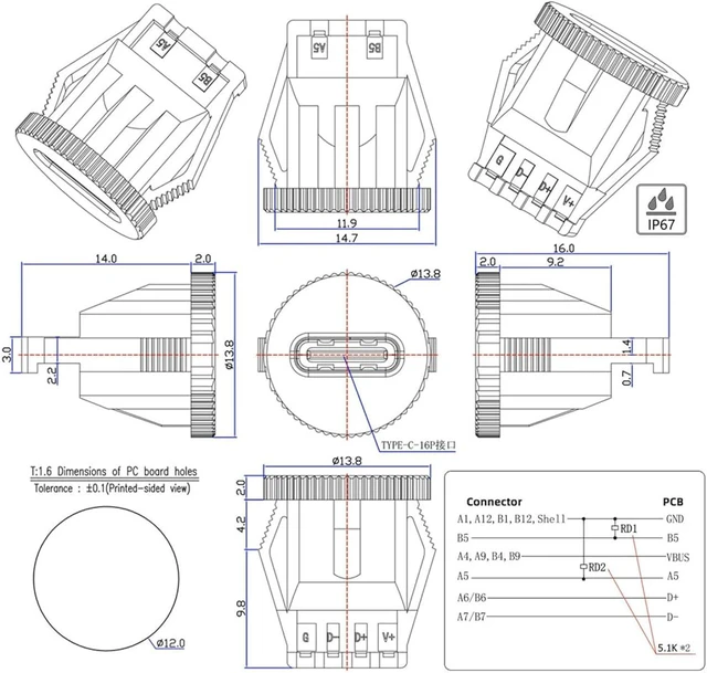 Alt view image 5 of 7 - cablecc 5pcs/Set DC Power 5V/20V DIY OEM Type C Female Socket Connector to 6Pin PCBA Pinout PD IP67Round Latch Mount Type