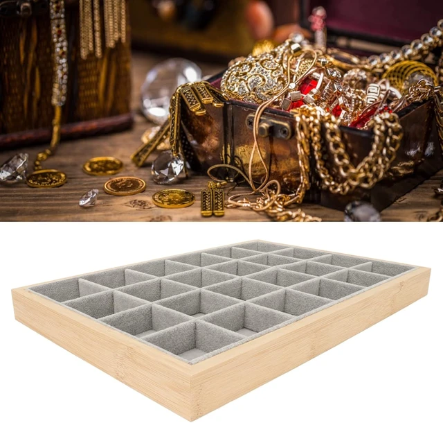 Alt view image 3 of 7 - LICAEVEY Jewelry Tray, 24 Grid Wood Organizer with Scratch Lint Lining for Ring Earring Bracelet Necklace, Multipurpose Storage Box for Travel or Countertop Display (Gray)