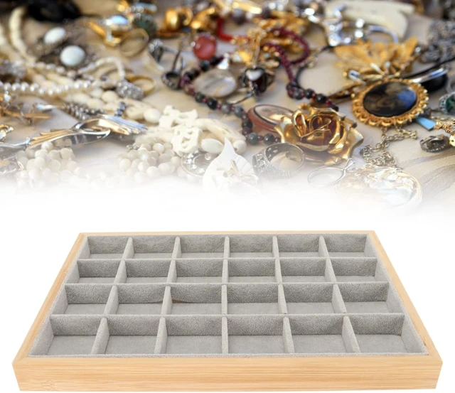 Alt view image 5 of 7 - LICAEVEY Jewelry Tray, 24 Grid Wood Organizer with Scratch Lint Lining for Ring Earring Bracelet Necklace, Multipurpose Storage Box for Travel or Countertop Display (Gray)