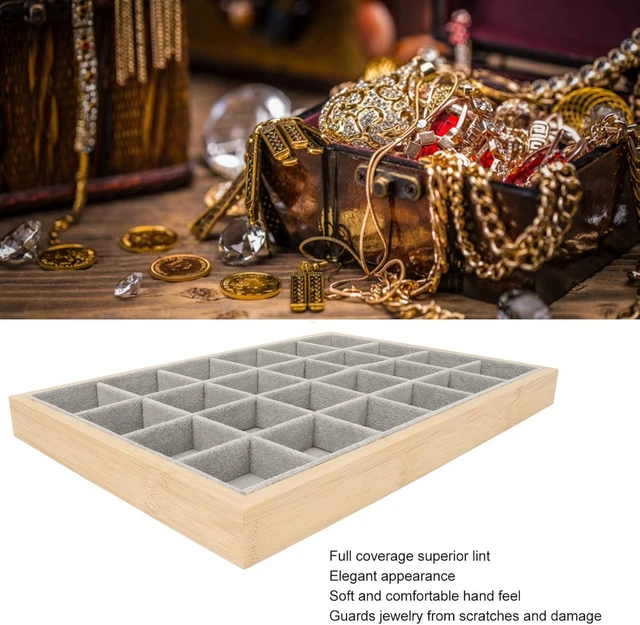 Alt view image 4 of 7 - LICAEVEY Jewelry Tray, 24 Grid Wood Organizer with Scratch Lint Lining for Ring Earring Bracelet Necklace, Multipurpose Storage Box for Travel or Countertop Display (Gray)