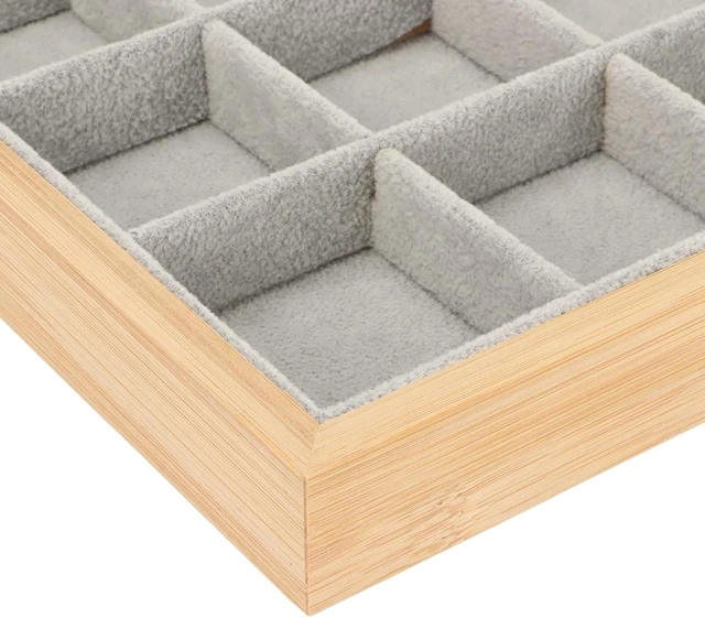 Alt view image 7 of 7 - LICAEVEY Jewelry Tray, 24 Grid Wood Organizer with Scratch Lint Lining for Ring Earring Bracelet Necklace, Multipurpose Storage Box for Travel or Countertop Display (Gray)
