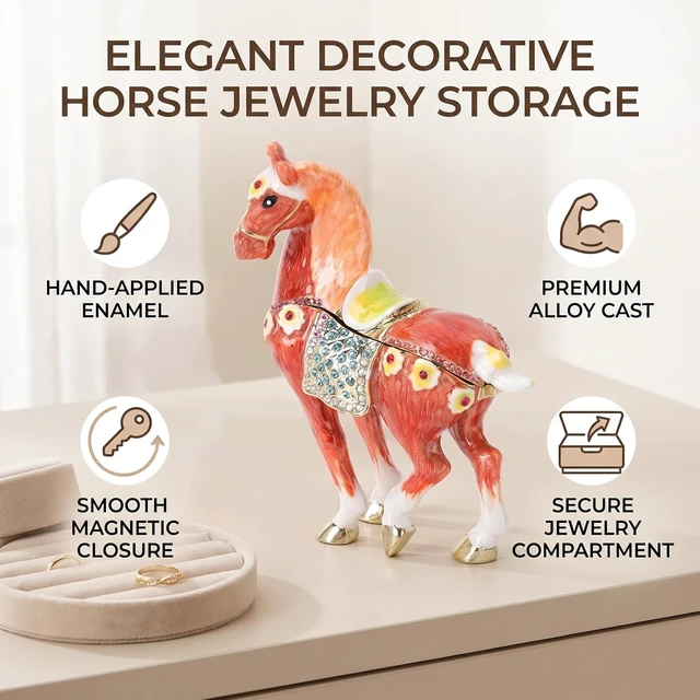 Alt view image 4 of 7 - LICAEVEY Horse Trinket Box, Rhinestone Enamel Jewelry Box with Magnetism Closure, Handmade Horse Shaped Storage for Rings, Vintage Decorative Figurine for Vanity