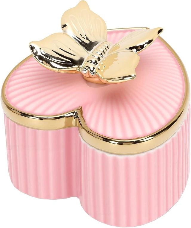 Main image of LICAEVEY Ceramic Jewelry Box, Heart Shaped Trinket Box with 3D Animal Lid, Decorative Jewelry Organizer for Rings Earrings Necklaces, Gold Rim Sealed Storage for Vanity Dresser Gift (Pink)