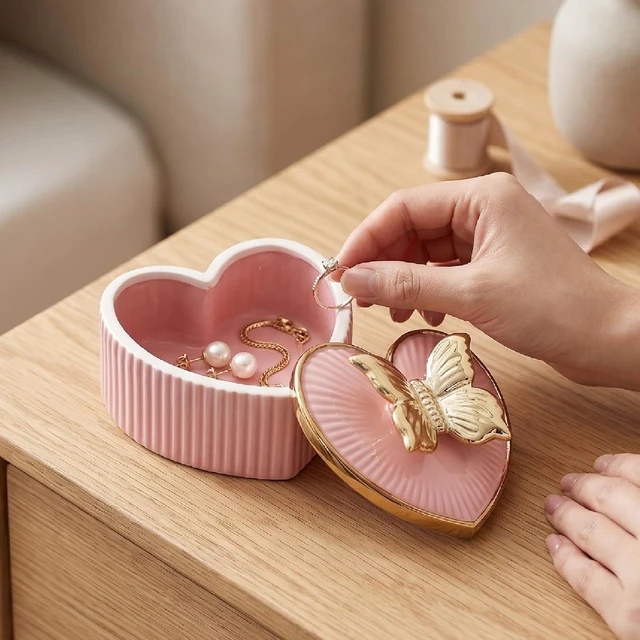 Alt view image 2 of 7 - LICAEVEY Ceramic Jewelry Box, Heart Shaped Trinket Box with 3D Animal Lid, Decorative Jewelry Organizer for Rings Earrings Necklaces, Gold Rim Sealed Storage for Vanity Dresser Gift (Pink)
