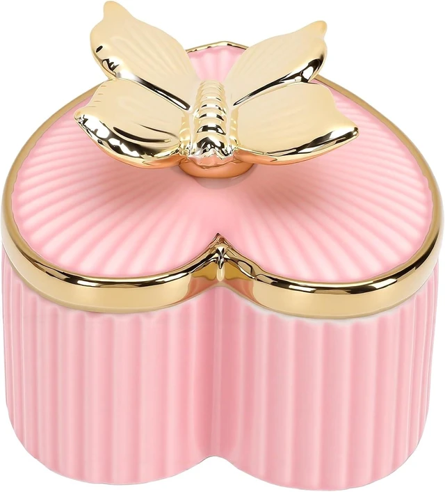 Alt view image 6 of 7 - LICAEVEY Ceramic Jewelry Box, Heart Shaped Trinket Box with 3D Animal Lid, Decorative Jewelry Organizer for Rings Earrings Necklaces, Gold Rim Sealed Storage for Vanity Dresser Gift (Pink)