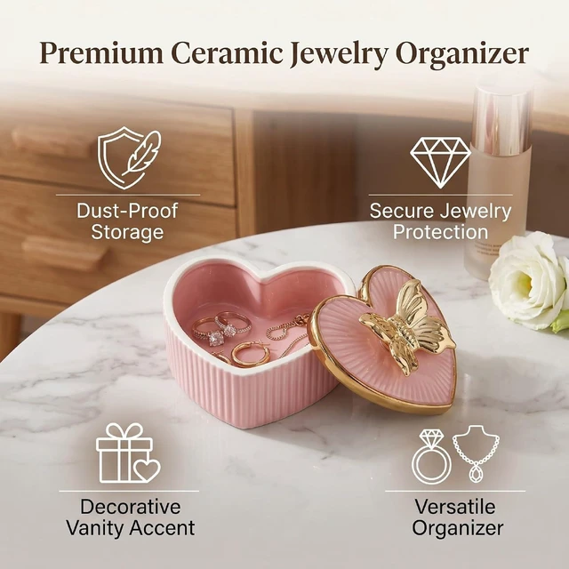 Alt view image 5 of 7 - LICAEVEY Ceramic Jewelry Box, Heart Shaped Trinket Box with 3D Animal Lid, Decorative Jewelry Organizer for Rings Earrings Necklaces, Gold Rim Sealed Storage for Vanity Dresser Gift (Pink)