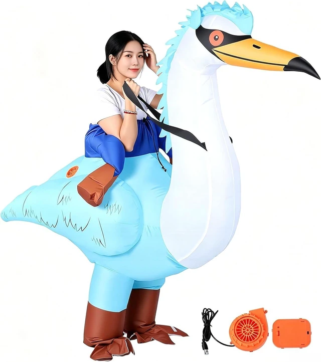 Alt view image 6 of 7 - LICAEVEY Inflatable Crane Costume, Funny Riding Costume with Blower, Blow Up Bird Outfit for Adult Festival Birthday Party, Battery Powered Blue Crane Suit, Humorous Ride On