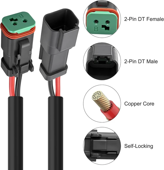 Alt view image 4 of 7 - XMSJSIY DT 2 Pin Wiring Harness Extension Cable Automotive Waterproof Electrical Connector 2 Way Deutsch DT Male to Female Wiring Harness 16AWG Quick Connect for LED Work Lamps Fog Light - 1.5M/4.92FT