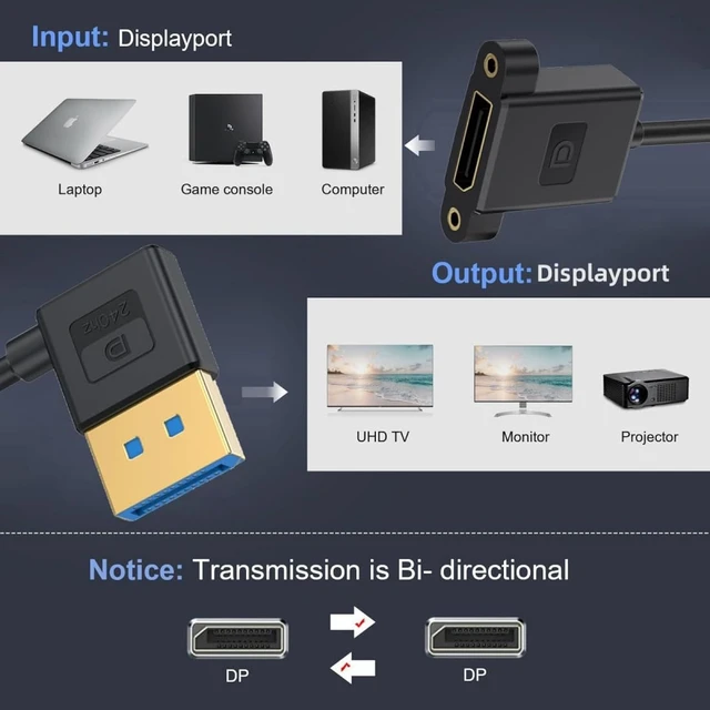 Alt view image 3 of 7 - chenyang DisplayPort 1.4 Cable DisplayPort Male to Female 90 Degree Right Angled 8K@60Hz 4K@240Hz 32.4Gbps High Speed Gold Plated Ultrafine Extension Cable Panel Mount Type 0.98FT/0.3M
