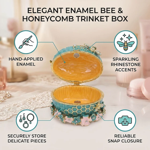 Alt view image 3 of 7 - LICAEVEY Enameled Jewelry Box, Bee Honeycomb Trinket Box with Rhinestone Enamel Craft, Small Jewelry Storage Case for Earrings Rings Necklaces, Vintage Alloy Travel (Green)