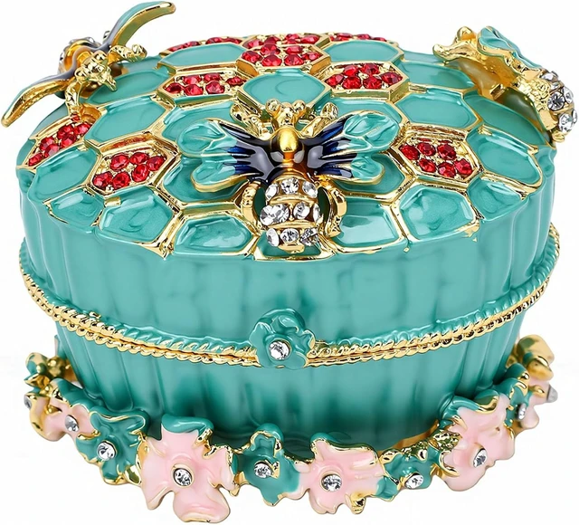 Alt view image 6 of 7 - LICAEVEY Enameled Jewelry Box, Bee Honeycomb Trinket Box with Rhinestone Enamel Craft, Small Jewelry Storage Case for Earrings Rings Necklaces, Vintage Alloy Travel (Green)