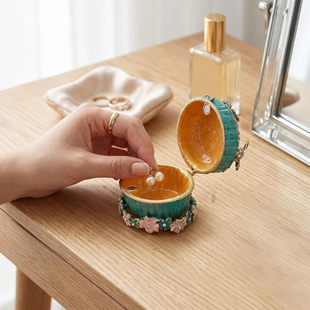 Alt view image 4 of 7 - LICAEVEY Enameled Jewelry Box, Bee Honeycomb Trinket Box with Rhinestone Enamel Craft, Small Jewelry Storage Case for Earrings Rings Necklaces, Vintage Alloy Travel (Green)