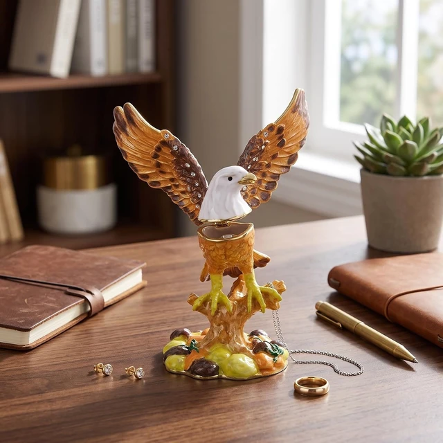 Alt view image 7 of 7 - LICAEVEY Eagle Trinket Box with Rhinestone Enamel Figurine, Jewelry Storage Box for Rings Earrings Necklaces, Handmade Alloy Craft with Glossy Finish, Stable Base Decor