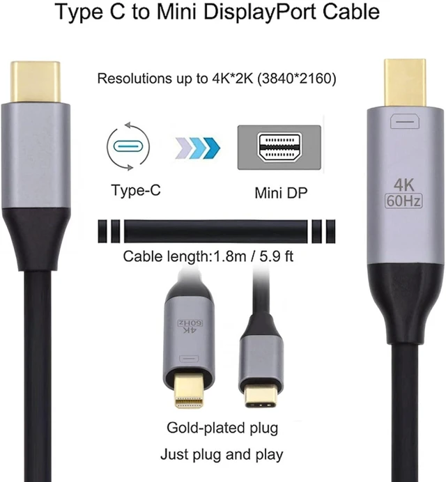 Alt view image 3 of 7 - cablecc USB 3.1 Type C USB-C Source to Mini DisplayPort DP Displays Male 4K Monitor Cable for Laptop 1.8m
