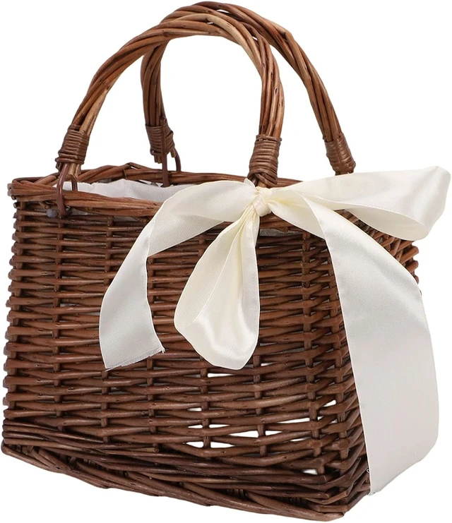 Alt view image 2 of 7 - LICAEVEY Woven Rattan Handbag, Straw Basket Purse with Handle for Women, Portable Woven Bag for Beach Wedding Party, Small Rattan Basket for Home Decor, Rustic Storage Bag (with Beige Ribbon)