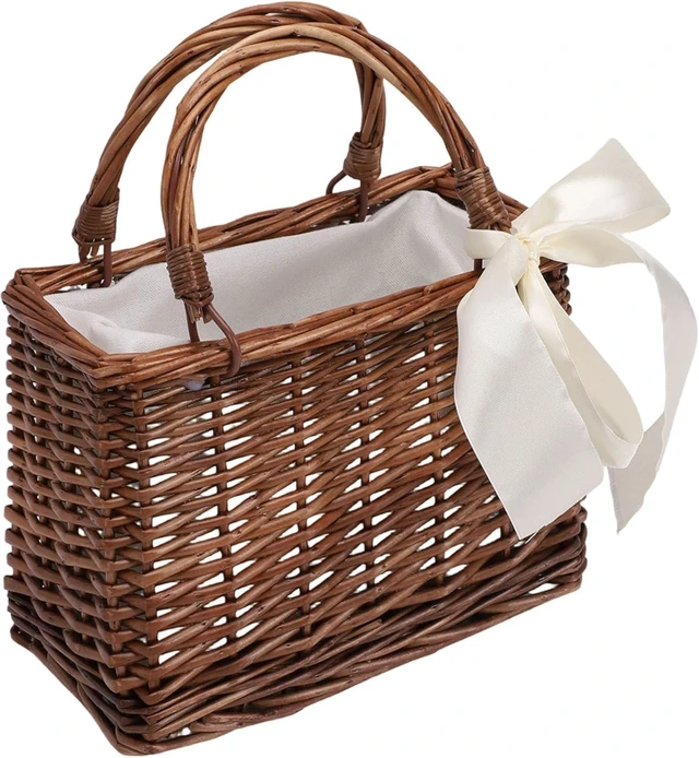 Main image of LICAEVEY Woven Rattan Handbag, Straw Basket Purse with Handle for Women, Portable Woven Bag for Beach Wedding Party, Small Rattan Basket for Home Decor, Rustic Storage Bag (with Beige Ribbon)