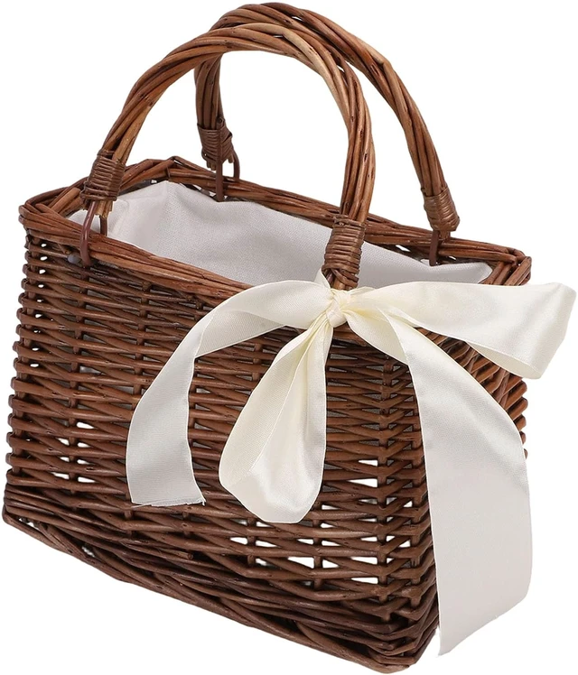 Alt view image 3 of 7 - LICAEVEY Woven Rattan Handbag, Straw Basket Purse with Handle for Women, Portable Woven Bag for Beach Wedding Party, Small Rattan Basket for Home Decor, Rustic Storage Bag (with Beige Ribbon)