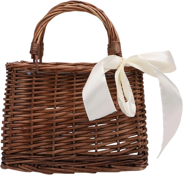Alt view image 6 of 7 - LICAEVEY Woven Rattan Handbag, Straw Basket Purse with Handle for Women, Portable Woven Bag for Beach Wedding Party, Small Rattan Basket for Home Decor, Rustic Storage Bag (with Beige Ribbon)