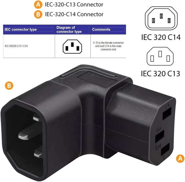 Alt view image 5 of 7 - cablecc 2pcs IEC Male C14 to Up & Down Direction Right Angled 90 Degree IEC Female C13 Power Extension Adapter AC Convertor