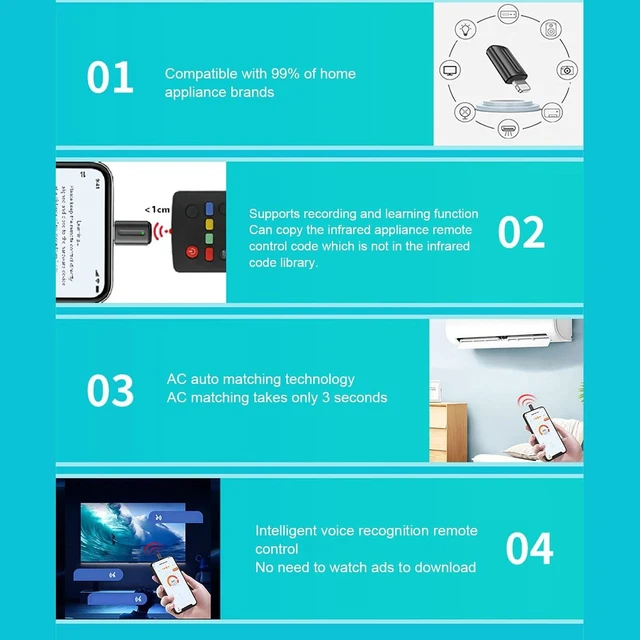 Alt view image 3 of 7 - Universal Smartphone IR Remote Control Adapter with Code Learning and Quick AC Matching, Infrared for Android Phone to Control TV/AC/DVD/Camera/Set Top Box