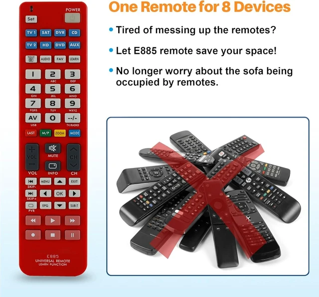 Alt view image 2 of 7 - 8-in-1 Universal Remote for TV SAT DVD AUX CD VCR HD DVR with IR Learning