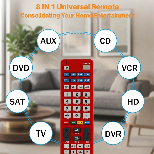 Alt view image 3 of 7 - 8-in-1 Universal Remote for TV SAT DVD AUX CD VCR HD DVR with IR Learning