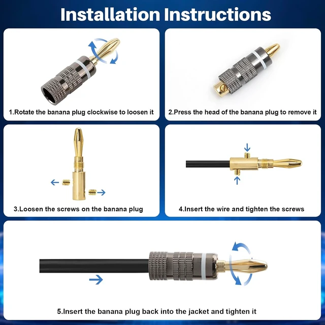 Alt view image 4 of 7 - 4 Pairs Banana Plugs, 24K Gold Plated Closed Dual Screw Speaker Connector