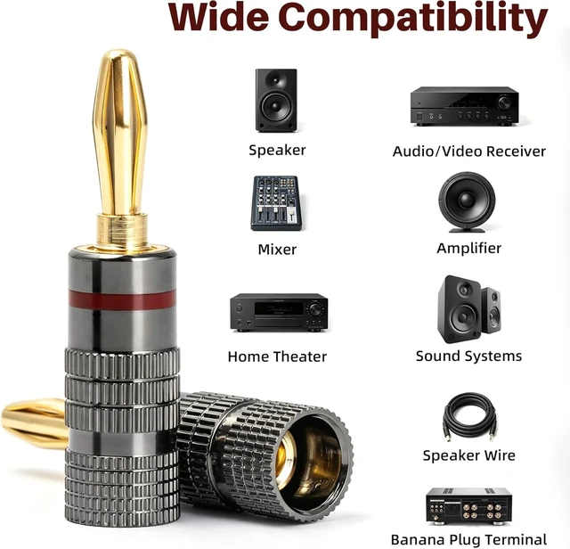 Alt view image 2 of 7 - 4 Pairs Banana Plugs, 24K Gold Plated Closed Dual Screw Speaker Connector