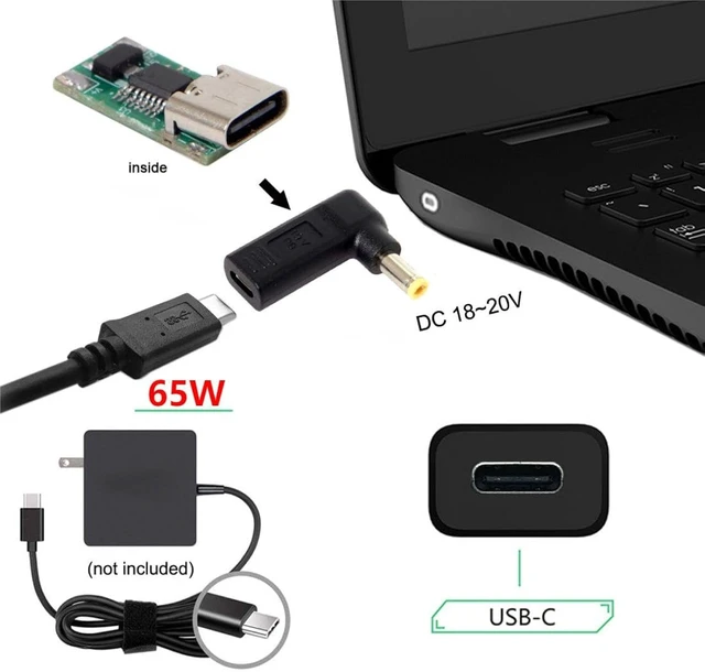 Alt view image 3 of 7 - chenyang USB C to DC 5.5x2.5MM 90Degree Angled PD65W 20V Fast Charging Power Adapter for Laptop