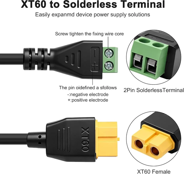 Alt view image 5 of 7 - XMSJSIY 2Pack XT60 Female to 2 Pin Solderless Screw Terminal Adapter Cable