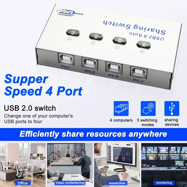 Alt view image 7 of 7 - XMSJSIY USB 2.0 Sharing Switch Selector 4 in 1 Out Printer Sharer Switcher