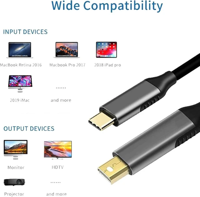 Alt view image 2 of 7 - chenyang USB C to Mini DisplayPort Gold Plating Cable Support 4K@60Hz for Thunderbolt 3 Port Laptop 5.91FT/1.8M (Not Support Thunderbolt 2)