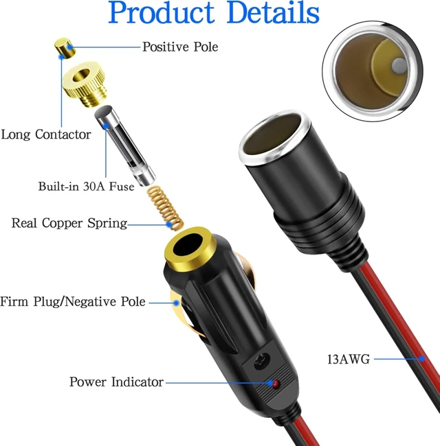 Alt view image 2 of 7 - XMSJSIY Cigarette Lighter Extension Cord 14AWG 12V-24V - 3M/9.84FT