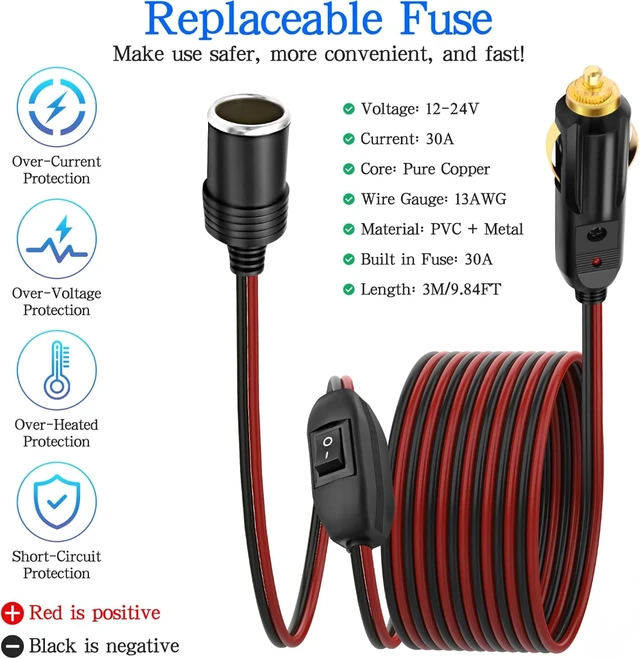 Alt view image 5 of 7 - XMSJSIY Cigarette Lighter Extension Cord 14AWG 12V-24V - 3M/9.84FT