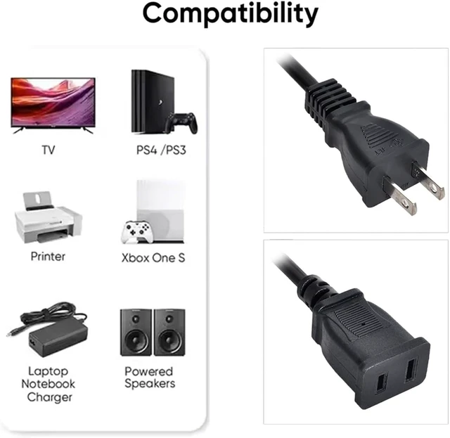 Alt view image 5 of 7 - Cablecc Straight Connector USA Outlet Saver Power Extension Cord Cable 2-Prong 2 Outlets for NEMA 1-15P to NEMA 1-15R 50cm