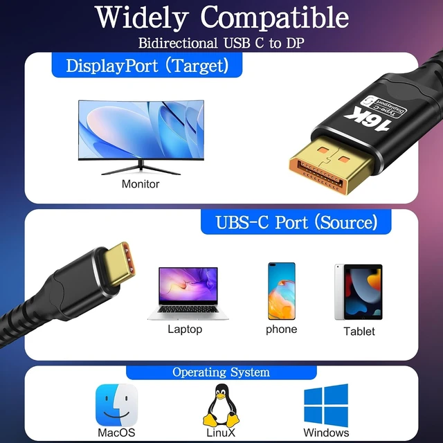 Alt view image 7 of 7 - XMSJSIY USB C to DisplayPort 2.1 Cable Bidirectional - 2M/6.56FT