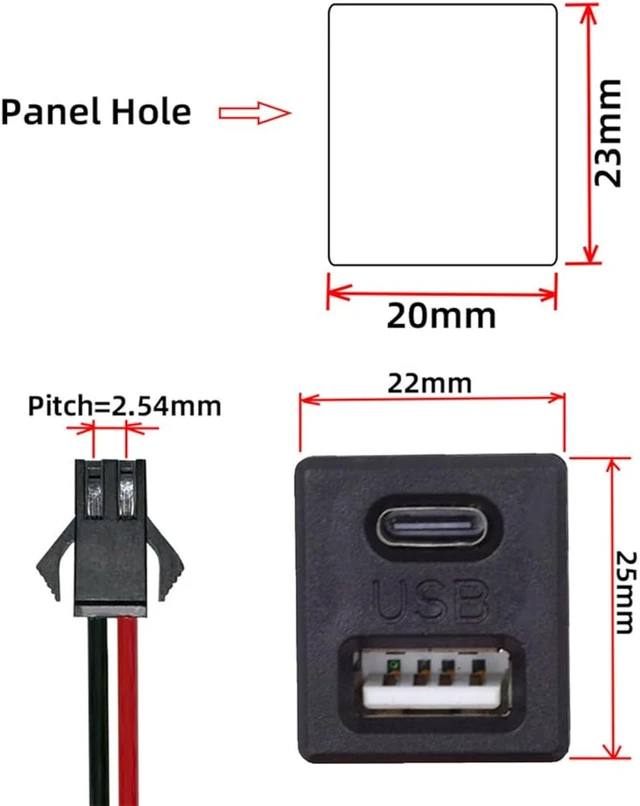 Alt view image 3 of 7 - Cablecc OEM DIY Type-C & Type-A Female Socket DC 5V Power to 2Pin Header Cable Pitch=2.54mm Latch Mount Type