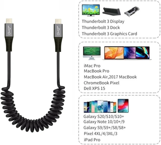 Alt view image 6 of 7 - cablecc 20Gbps 100W USB-C Stretch Coiled USB4 Cable 8K for Laptop Keyboard Tablet Type-C Male to Male Cable Power & Data 1.8M