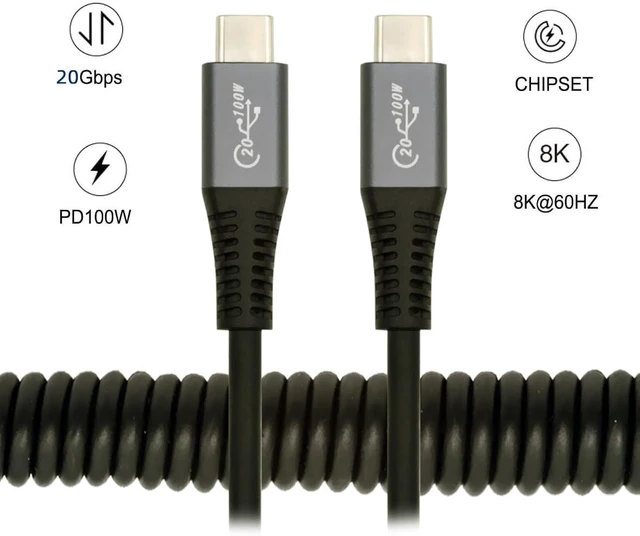 Alt view image 7 of 7 - cablecc 20Gbps 100W USB-C Stretch Coiled USB4 Cable 8K for Laptop Keyboard Tablet Type-C Male to Male Cable Power & Data 1.8M