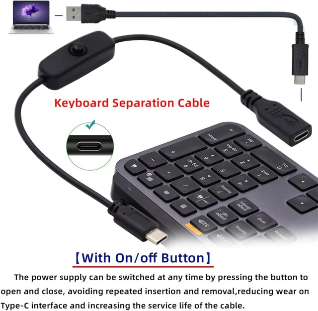 Alt view image 3 of 7 - cablecc Male to Female USB Type C USB-C Cable with On Off Power Switch Button for Laptop Keyboard Raspberry Pi 4B