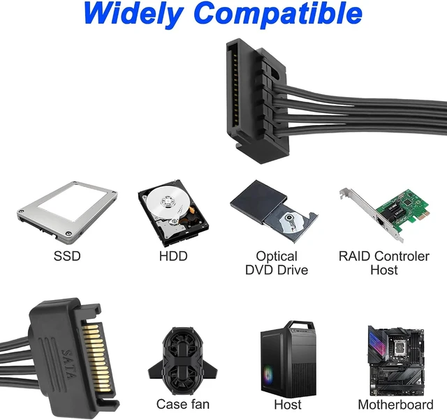 Alt view image 7 of 7 - XMSJSIY 15 Pin SATA to 5 x15 Pin SATA Power Supply Splitter Extension Cable