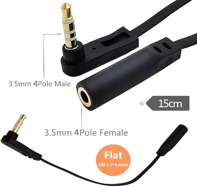 Alt view image 2 of 7 - cablecc AUX 3.5mm 4-Poles Audio Stereo Ultra Slim Flat Extension Speaker Cable Male to Female 90 Degree Right Angled 15cm