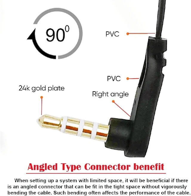 Alt view image 3 of 7 - cablecc AUX 3.5mm 4-Poles Audio Stereo Ultra Slim Flat Extension Speaker Cable Male to Female 90 Degree Right Angled 15cm