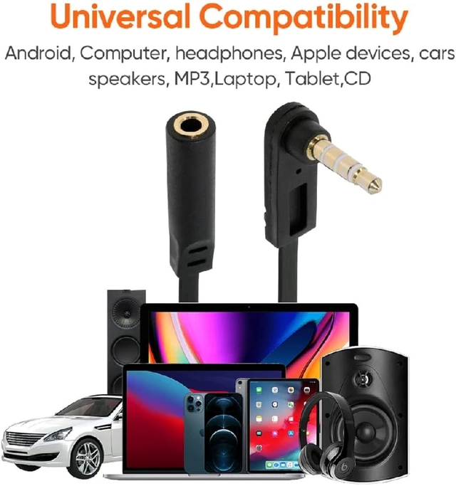 Alt view image 5 of 7 - cablecc AUX 3.5mm 4-Poles Audio Stereo Ultra Slim Flat Extension Speaker Cable Male to Female 90 Degree Right Angled 15cm