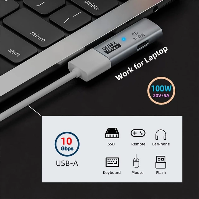 Alt view image 4 of 7 - cablecc USB-C Type-C to USB 3.0 Female OTG & 10Gbps 100W PD Power Adapter for Laptop Tablet Phone